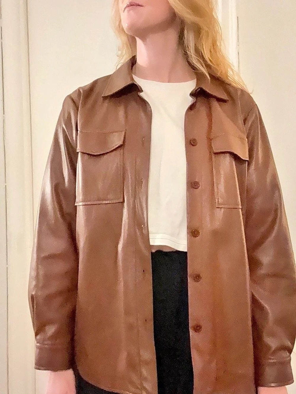 Anine Bing Hutton Shirt in Brown Vegan Leather Jacket Small